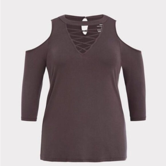 NWT Women’s Torrid Gray Super Soft V-Neck Lace-Up Cold Shoulder Long Sleeve 2 - Picture 14 of 14